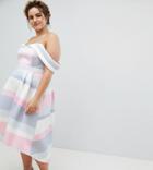 Asos Curve Bardot Cold Shoulder Dip Back Pastel Stripe Prom Dress - Multi