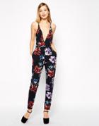 Asos Plunge Neck Jumpsuit In Floral Print - Multi