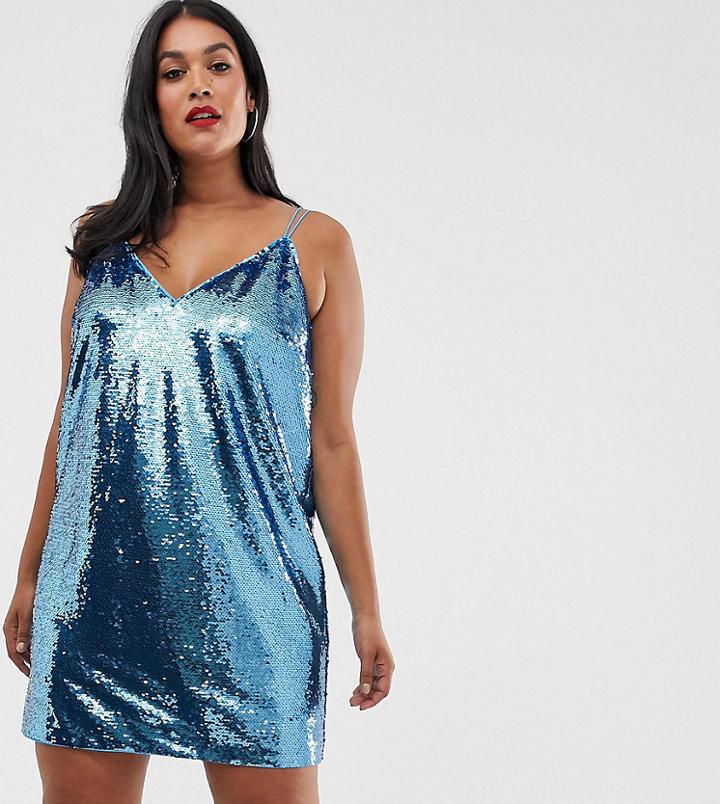 Asos Design Curve All Over Sequin Cami Mini Dress-blue