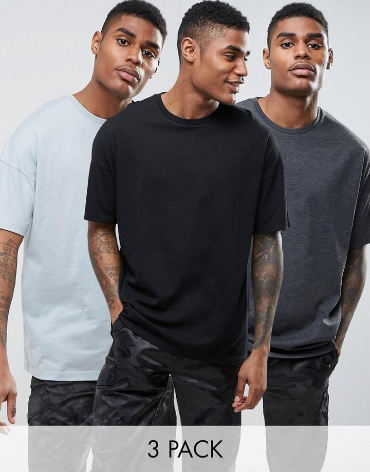 Asos 3 Pack Oversized T-shirt In Black/charcoal/gray With Half Sleeve Save - Multi