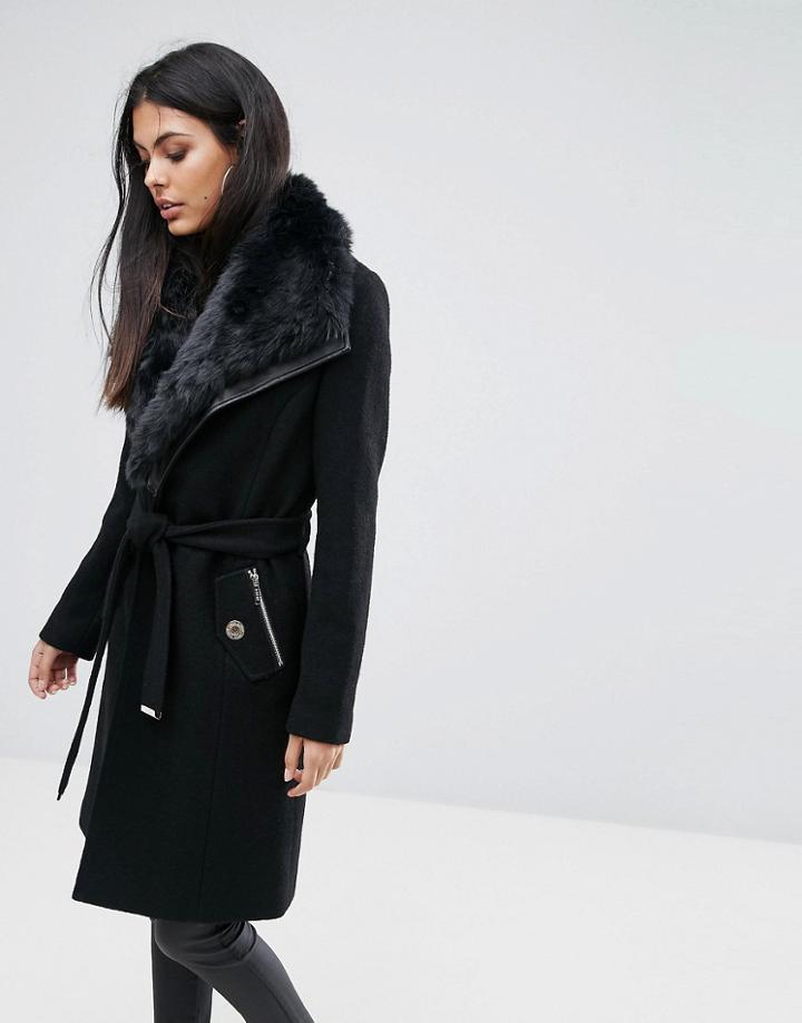 Lipsy Wool Mix Wrap Coat With Tie Waist And Faux Fur Trim - Black