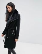 Lipsy Wool Mix Wrap Coat With Tie Waist And Faux Fur Trim - Black