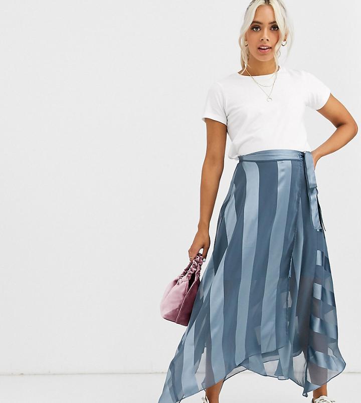 Asos Design Petite Satin Stripe Wrap Midi Skirt With Tie Waist-blue
