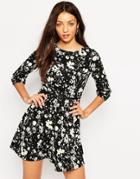 Yumi Long Sleeve Skater Dress In Dark Floral Print - Black