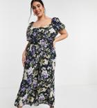Hope & Ivy Plus Puff Sleeve Wide Leg Jumpsuit In Navy Based Floral