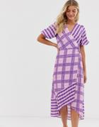 Miss Selfridge Wrap Midi Dress In Lilac Check - Purple