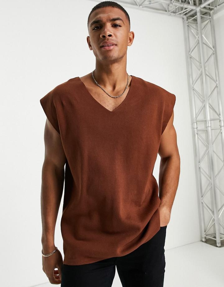 Asos Design Milano Knit V-neck Tank In Brown - Part Of A Set