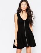 Liquorish Skater Dress With Zip Front - Black