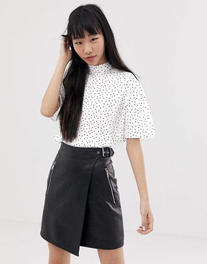 Jdy Polka Dot Plisse High Neck Top - White