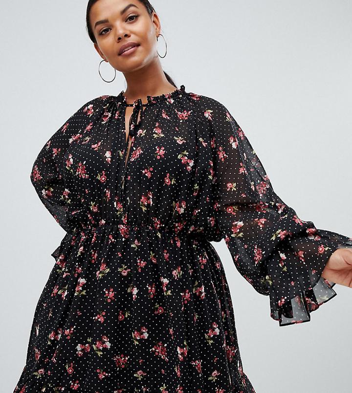 Missguided Plus Tie Neck Prairie Mini Dress In Black Floral