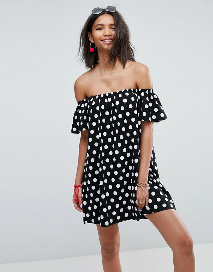 Asos Off Shoulder Dress In Mono Polka Dot - Multi