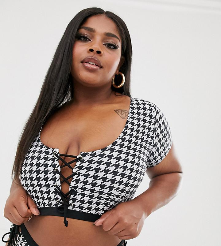 Wolf & Whistle Curve Exclusive Eco Lace Up Bikini Top With Sleeves In Houndstooth