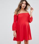 Asos Maternity Off Shoulder Dress With Bell Sleeve - Red