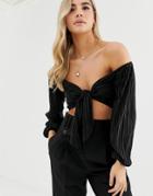 Asos Design Bardot Crop Top With Tie Front In Plisse - Black