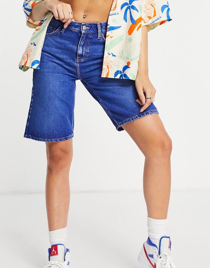 Topshop Coordinating Longline Denim Shorts In Bright Blue-blues