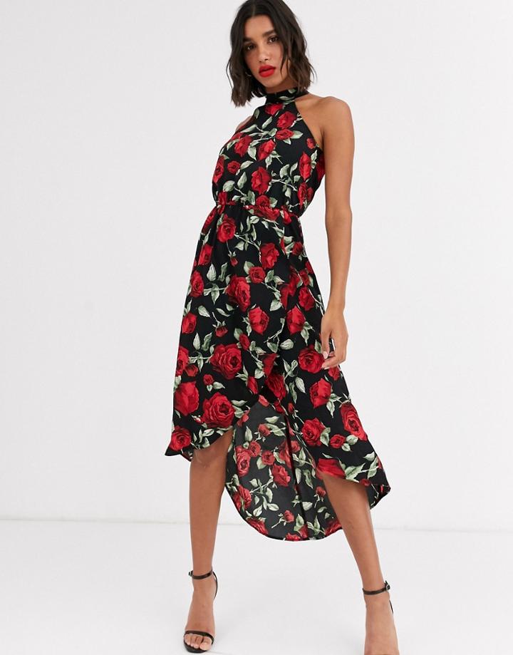 Ax Paris High Neck Midi Dress In Rose Print-multi