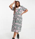 Neon Rose Plus Midi Tea Dress With Front Split And Vintage Collar In Bright Floral-pink