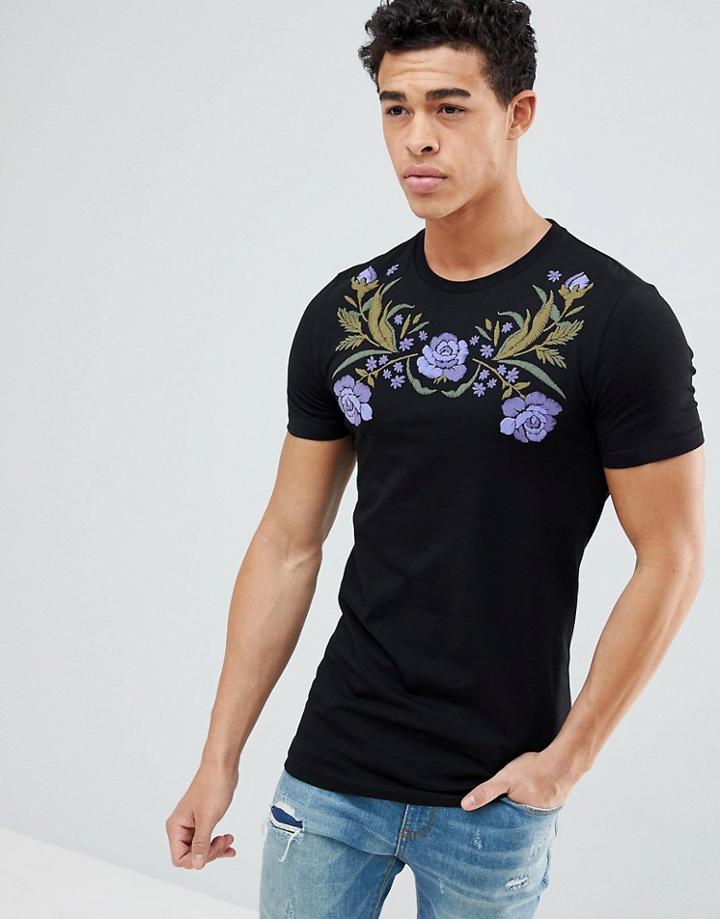 Asos Design Longline Muscle T-shirt With Floral Yoke Print - Black