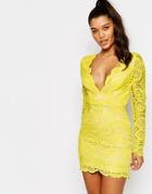 Love Triangle V Neck Mini Dress In Lace - Yellow