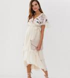 Asos Design Maternity Midi Dress With Cape Back And Dipped Hem In Embroidery - Pink