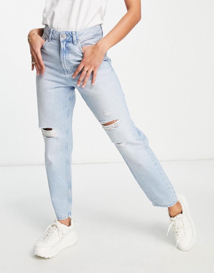 Miss Selfridge Mom High Waist Ripped Jean In Lightwash Blue