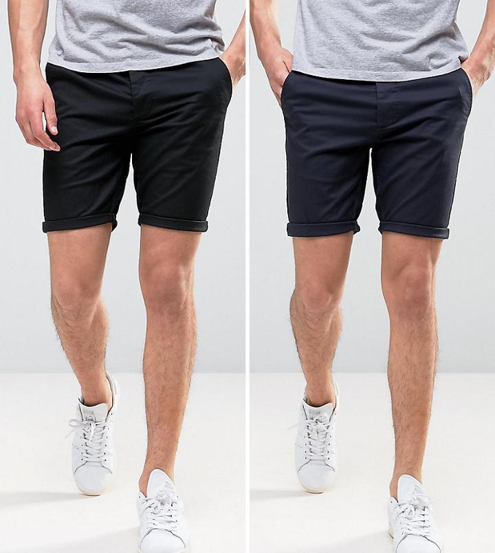 Asos 2 Pack Skinny Chino Shorts In Black & Navy Save - Black
