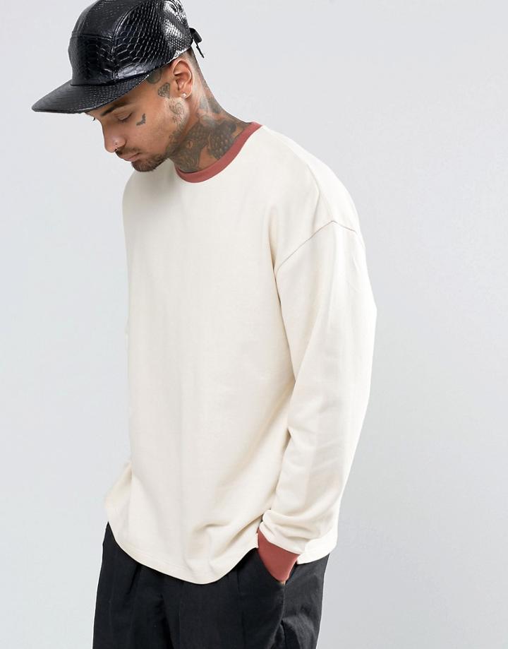 Asos Oversized Sweatshirt With Contrast Ribs - Beige