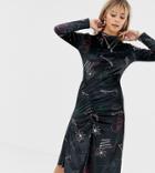 Reclaimed Vintage Inspired Midi Velvet Dress In Scribble Print And Ruched Hem - Black