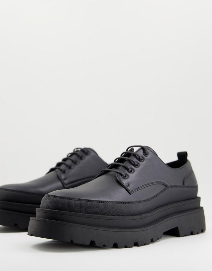Asos Design Lace-up Shoes With Textured Detail In Black Faux Leather