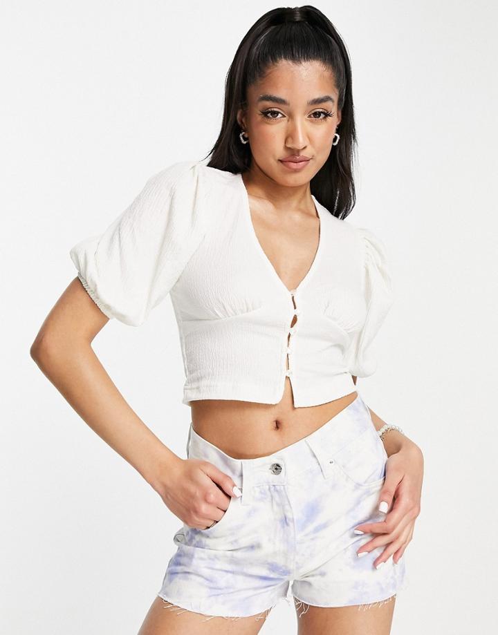 Monki Puff Sleeve Button Front Tea Blouse In White