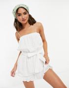 Asos Design Shell Broderie Frill Hem Tie Waist Romper In White