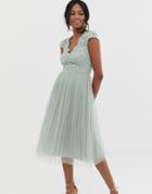 Little Mistress Capped Sleeve Midi Dress With Pleated Skirt - Green