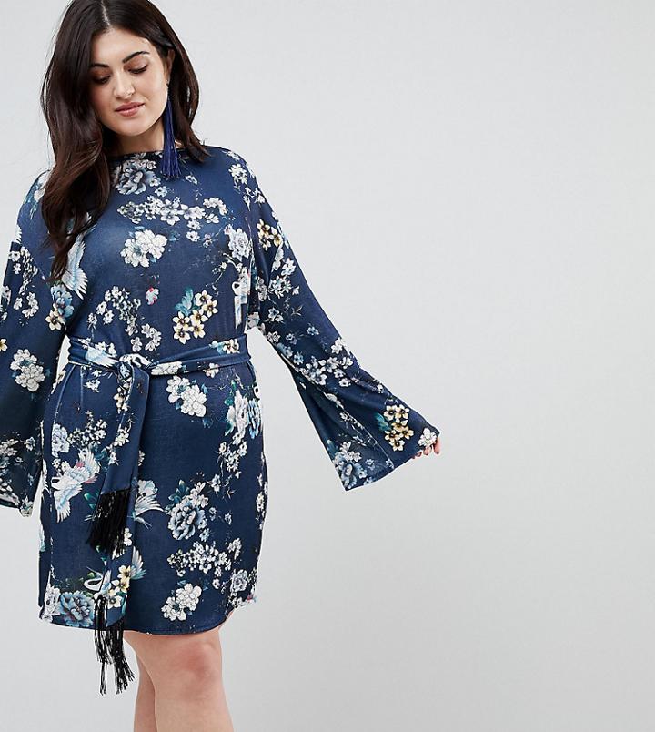 Asos Curve Kimono Sleeve Bird Print Mini Dress With Self Fringe Belt-multi