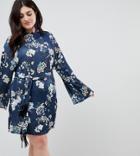 Asos Curve Kimono Sleeve Bird Print Mini Dress With Self Fringe Belt-multi