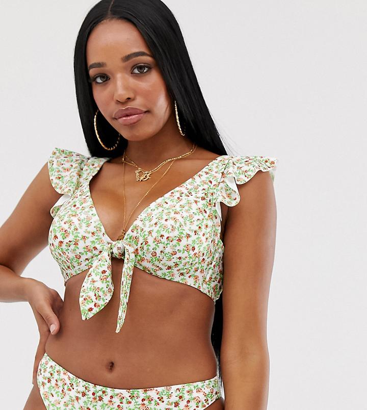 Peek & Beau Fuller Bust Exclusive Eco Underwired Ruffle Sleeve Bikini Top In Ditsy Floral