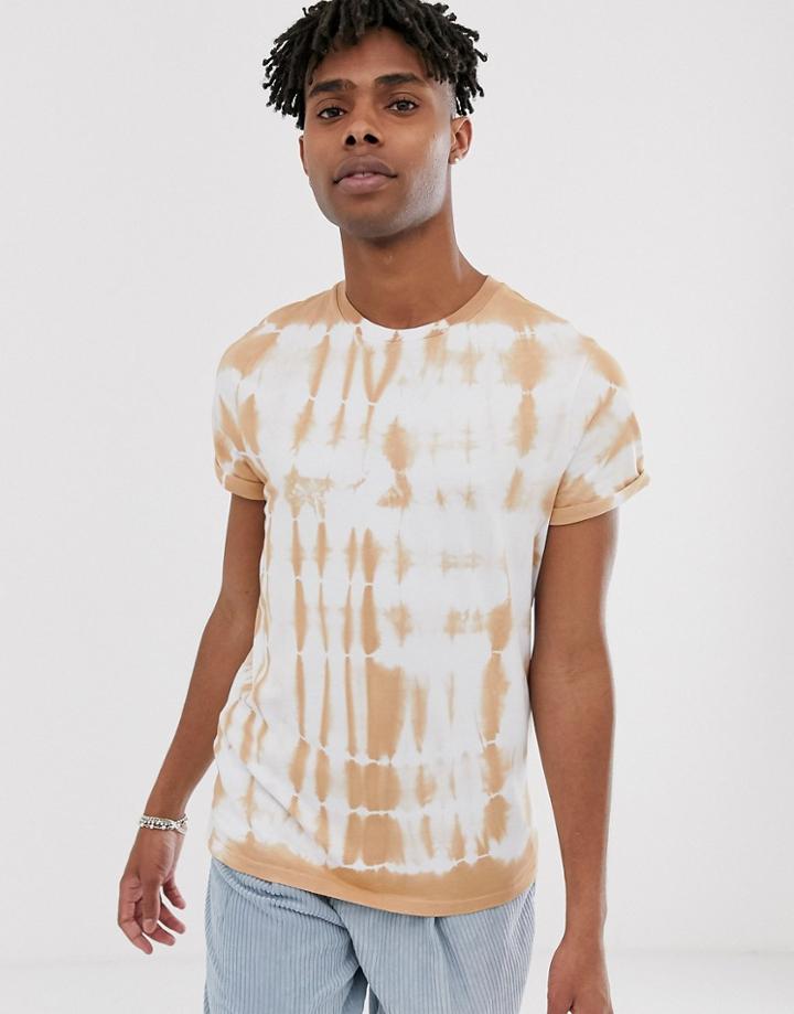 Asos Design T-shirt With Roll Sleeve In Beige Tie Dye Wash