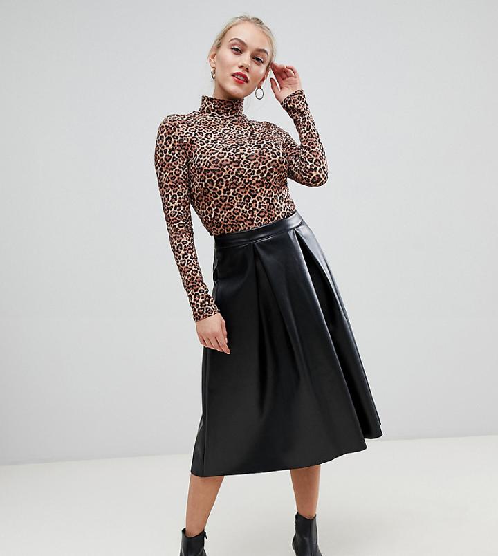 Asos Design Petite Leather Look Full Midi Skirt With Box Pleats-black