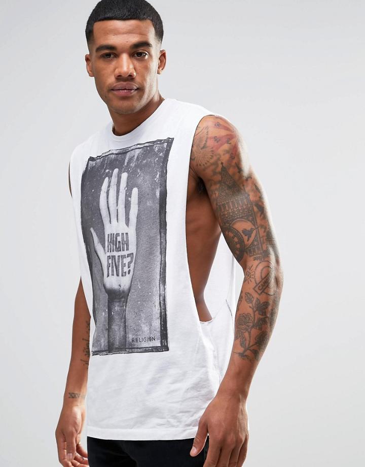 Religion Extreme Drop Armhole Tank With High Five Print - White