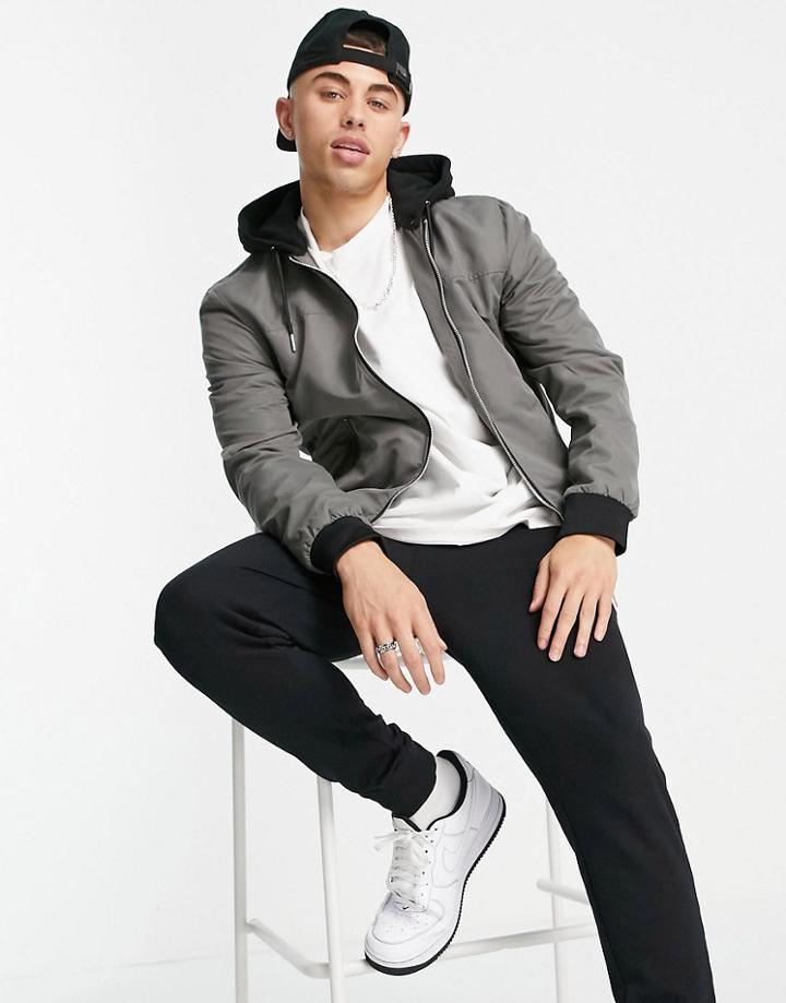 River Island Hooded Bomber Jacket In Gray-grey