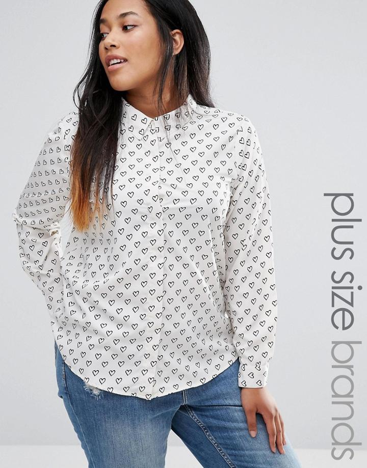 Brave Soul Plus Shirt In Heart Print - Cream