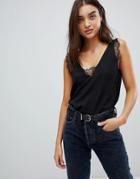 Asos Design Deep Plunge Lace Insert Camisole Tank-black