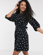 New Look Poplin Belted Mini Dress In Polka Dot-black
