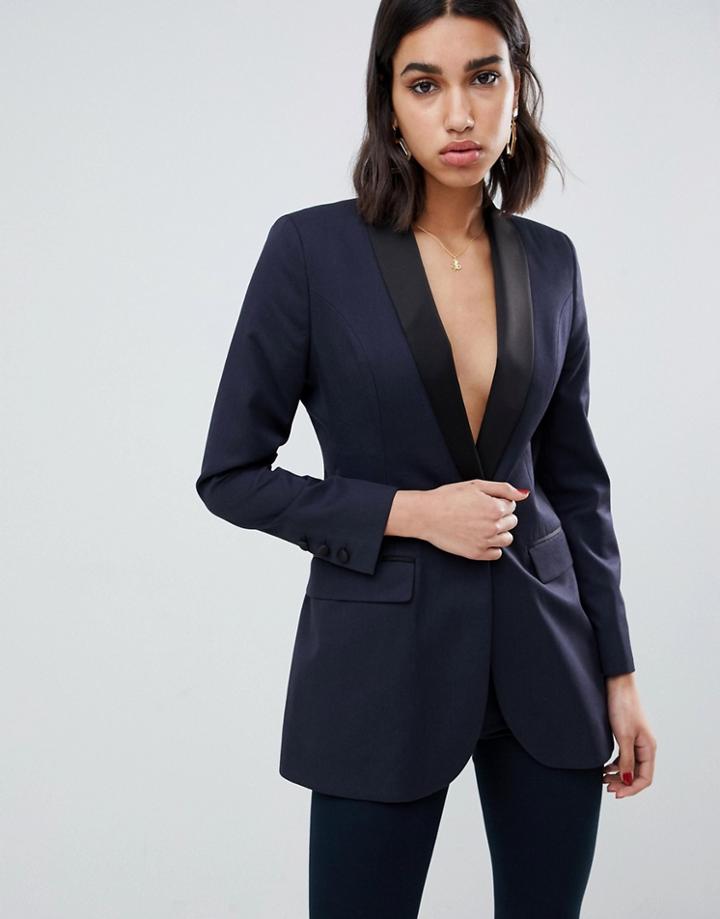 Asos Design Premium Tux Blazer With Exaggerated Hip & Shoulders - Navy