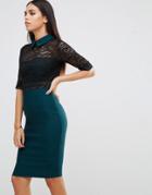 Vesper Pencil Dress With Lace Detail And Point Collar - Green