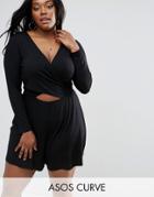 Asos Curve Cut Out Wrap Front Romper With Long Sleeve - Black