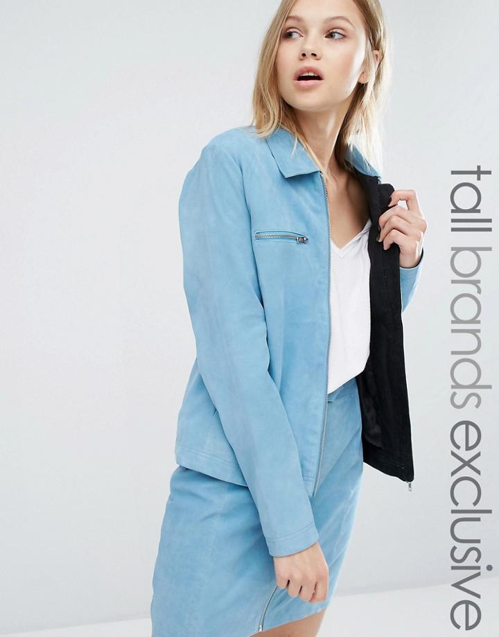 Adpt Tall Suede Zip Front Collar Jacket Co-ord - Blue