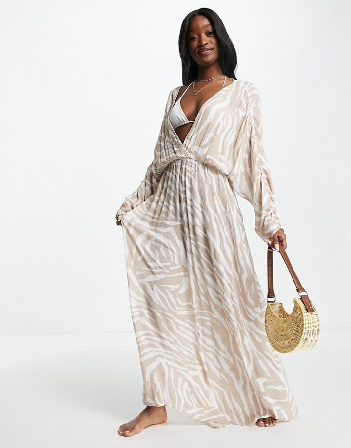 Asos Design Plunge Front Beach Maxi Dress In Tonal Animal Print-multi