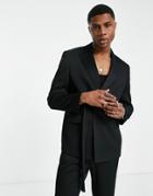 Asos Design Belted Suit Jacket In Black Plisse