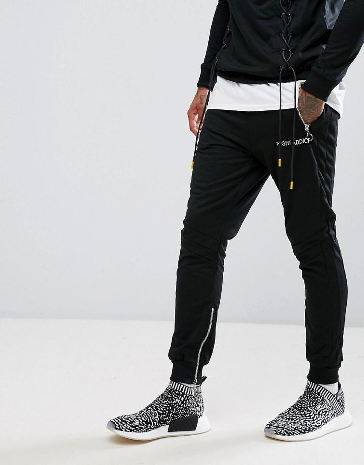 Night Addict Skinny Joggers With Zips And Panelling - Black