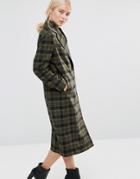 Helene Berman Double Breasted Coat In Khaki Green And Black Check - Green